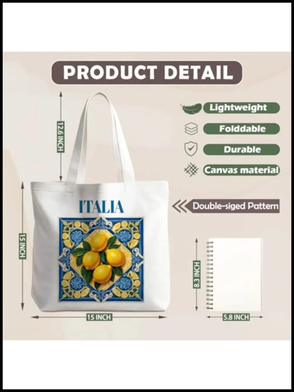 Canvas Reusable Grocery Tote Bag with Lemon Print